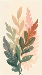 Vector art with green leaves on pastel pink and blue background, soft and relaxing nature design.