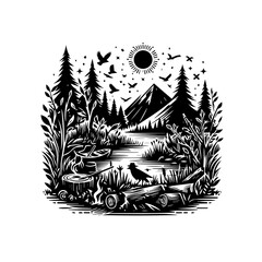 Serene Wilderness Landscape with Birds and Mountains.