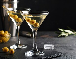 Two martini glasses filled with pale yellow liquid, garnished with green olives, sit on a dark slate surface. A metal shaker is partially visible in the background