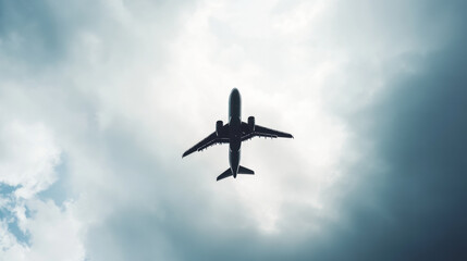 Fototapeta premium Silhouette of airplane flying against cloudy sky, creating dramatic and serene atmosphere with soft light filtering through clouds