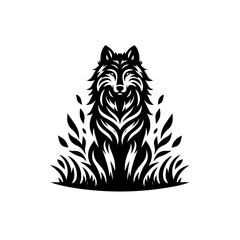 Stylized Black Wolf Sitting Amidst Grass.