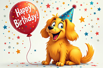 A cartoon dog with a party hat and red balloon surrounded by colorful stars and confetti, celebrating a birthday with joy and excitement.