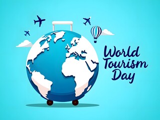 Celebrate world tourism day with travel globe airplane and hot air balloon illustration