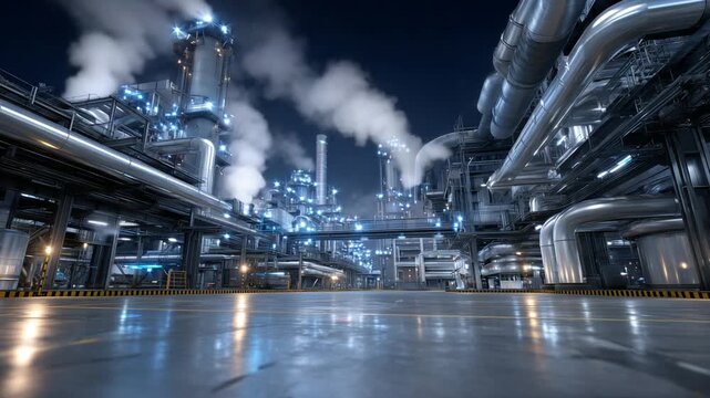 A network of insulated pipes transports molten polymer across factory sections, with steam and ambient lighting enhancing the industrial atmosphere.