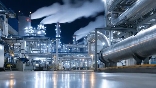 A network of insulated pipes transports molten polymer across factory sections, with steam and ambient lighting enhancing the industrial atmosphere.