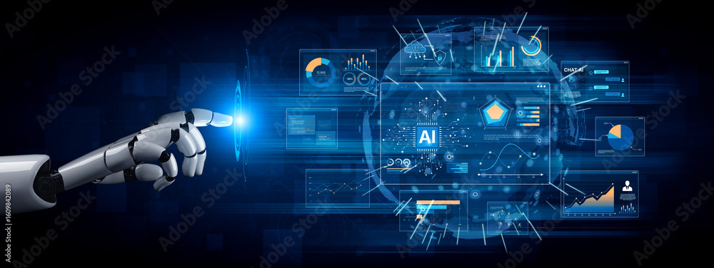 Poster ai brain processes big data with generative ai, llms, and machine learning to support business decis