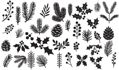 Christmas vector plants black vector set, holly berries, Christmas tree, mistletoe, pine, berries, branches with leaves, holiday decoration, isolated on a white background. Black silhouettes.