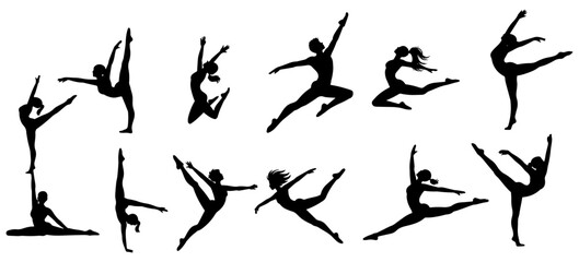 Silhouette Set of Female Gymnast and Ballerina – Flexible Dance Poses Vector Collection