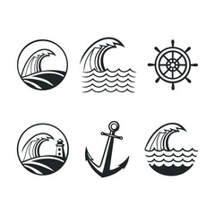 A set of AI-generated water wave icons in flat black and white outline style, including variations like flowing lines, calm ripples, and an anchor—ideal for marine, nature, and water-themed designs.
