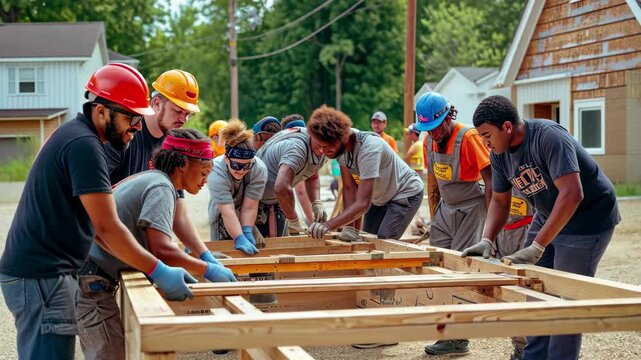 Community volunteers work together to build homes in a neighborhood during summer
