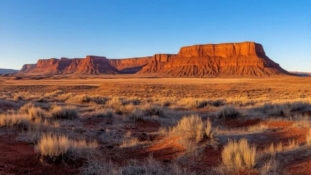 Explore breathtaking desert scenery in this vibrant video. Experience the beauty of rugged mesas and open skies. Ideal for nature-inspired projects. AI