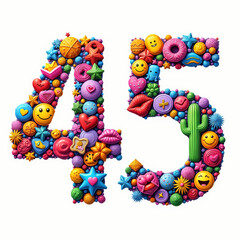 The number 45 is an illustration for a birthday card, filled with colorful candies, hearts, stars, and smiley faces on a white background.