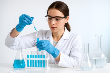 Lab technician conducts an experiment with blue liquid in a scientific setting