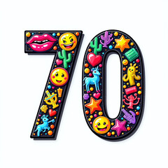 The number 70 is a colorful birthday illustration on a white background, adorned with playful emojis and decorations.