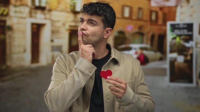 Man holds heart while pondering on street with young hispanic thinking male feelings about love in urban setting.