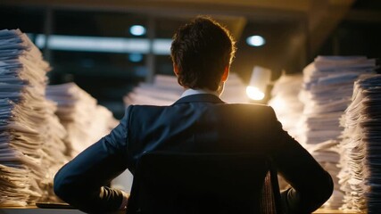 A stressed corporate professional sits motionless in an office chair, gripping their hair in frustration amidst towering paperwork under harsh fluorescent lighting.