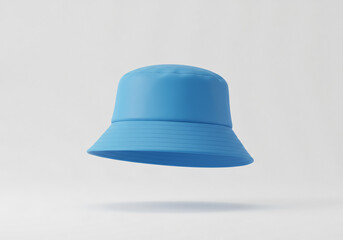 Fototapeta premium A floating blank blue bucket hat on a solid white background 