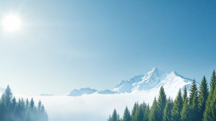 Serene mountain landscape with snow capped peaks under clear blue sky, surrounded by dense evergreen forests and layer of fog rolling across valley, illuminated by sunlight
