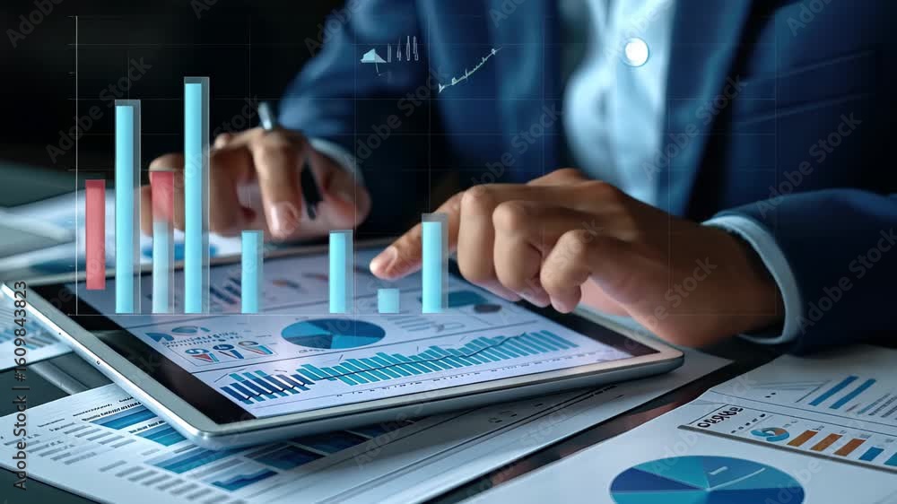 Poster business analysis presented on tablet with data visualizations and charts in corporate setting durin