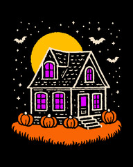 A whimsical Halloween illustration featuring a spooky house full moon pumpkins and bats Perfect for festive designs
