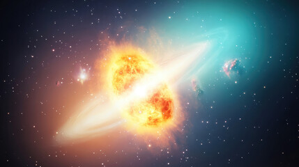 Fototapeta premium Vibrant cosmic collision of two stars creates glowing multicolored nebula surrounded by rotating gas disk, set against star filled space background