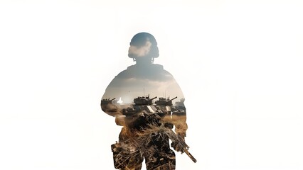 Soldier Sihouette with Combat Military Tank Vehicle Modern War Army Battle Conflict Warrior Battlefield Patriotism Force White Background