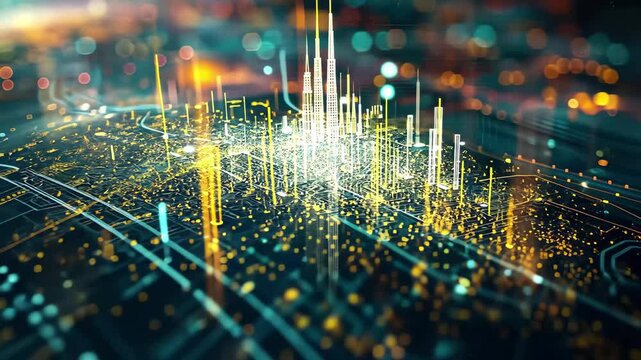 Exploration of a vibrant cityscape illuminated by colorful lights representing data flow through a high-tech network - Powered by Adobe