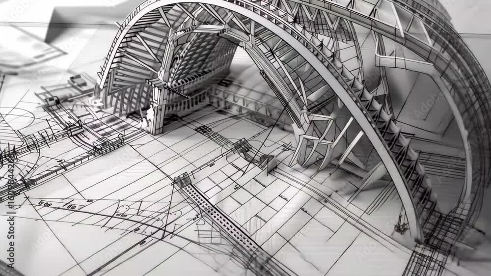 Poster exploring intricate architectural designs and blueprints of modern structural engineering in a creat