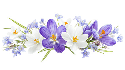 Obraz premium Wild floral bunch with purple crocuses, white buttercups, and tiny bluebells, isolated on transparent background 