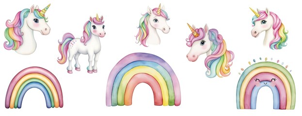 Dreamy watercolor unicorns with flowing manes and vibrant rainbows inspire imagination, creating a sweet, hopeful aesthetic for invitations, cards, and art.
