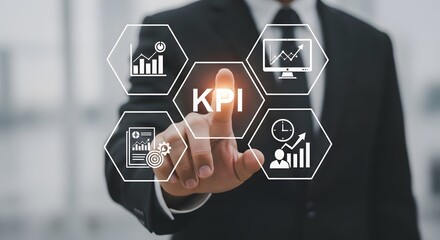 Businessman touching glowing KPI hexagon surrounded by icons representing growth, data analysis, goals, and time management for business success