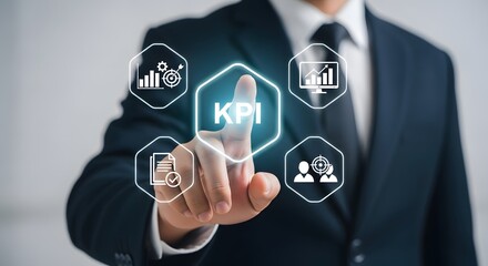 Businessman tactfully engaging with KPI metrics and business growth icons for strategic performance management and success