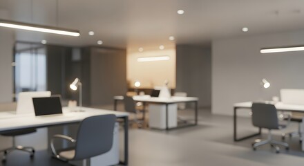 Modern office interior bathed in warm, inviting light showcasing sleek workstations and ergonomic chairs, perfect for productive collaboration and focused work.