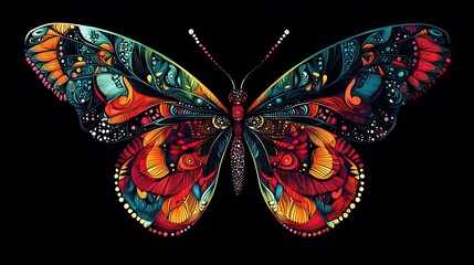 Vibrant and colorful digital illustration of a detailed butterfly with intricate artistic designs