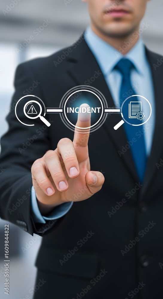 Aufkleber proactive manager analyzing incident data on digital interface, driving efficient risk mitigation an
