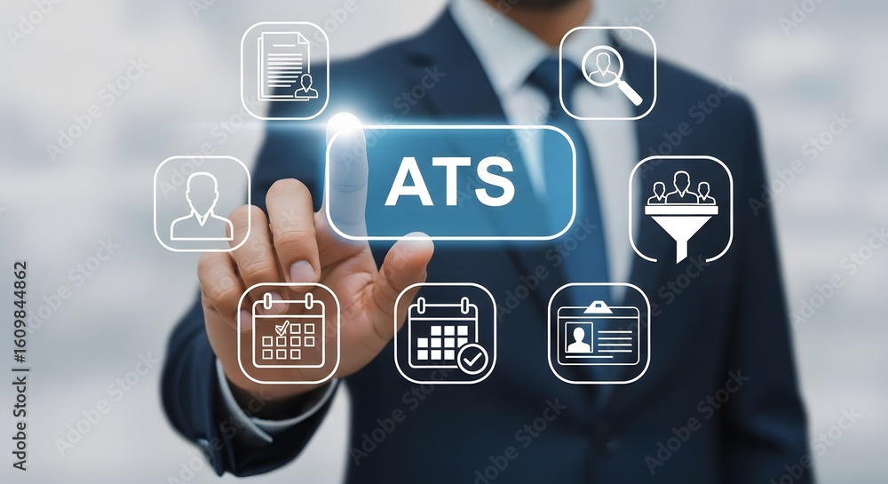 Poster businessman activating ats system for efficient applicant tracking and recruitment, streamlining hir