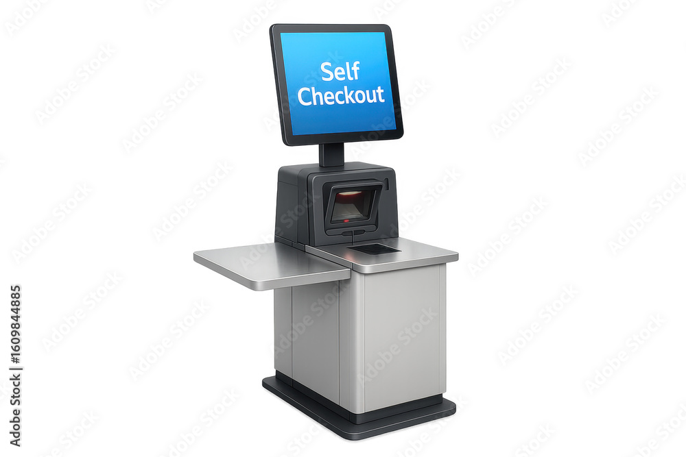 Fototapete self checkout machine with touch screen displaying self checkout in a supermarket on transparent bac