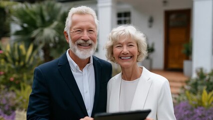 Elderly couple celebrates receiving keys to their serene retirement home, set against a tranquil garden and classic brick house backdrop.