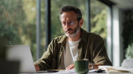 Focused mature man working on laptop at home office
