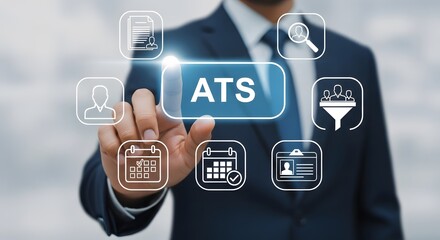 Businessman activating ATS system for efficient applicant tracking and recruitment, streamlining hiring with modern technology and data management