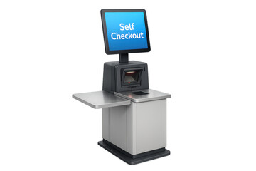 Self checkout Machine with Touch Screen Displaying Self checkout in a Supermarket on Transparent Background