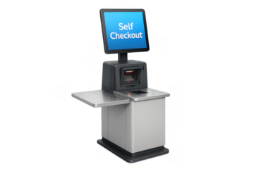 Self checkout Machine with Touch Screen Displaying Self checkout in a Supermarket on Transparent Background
