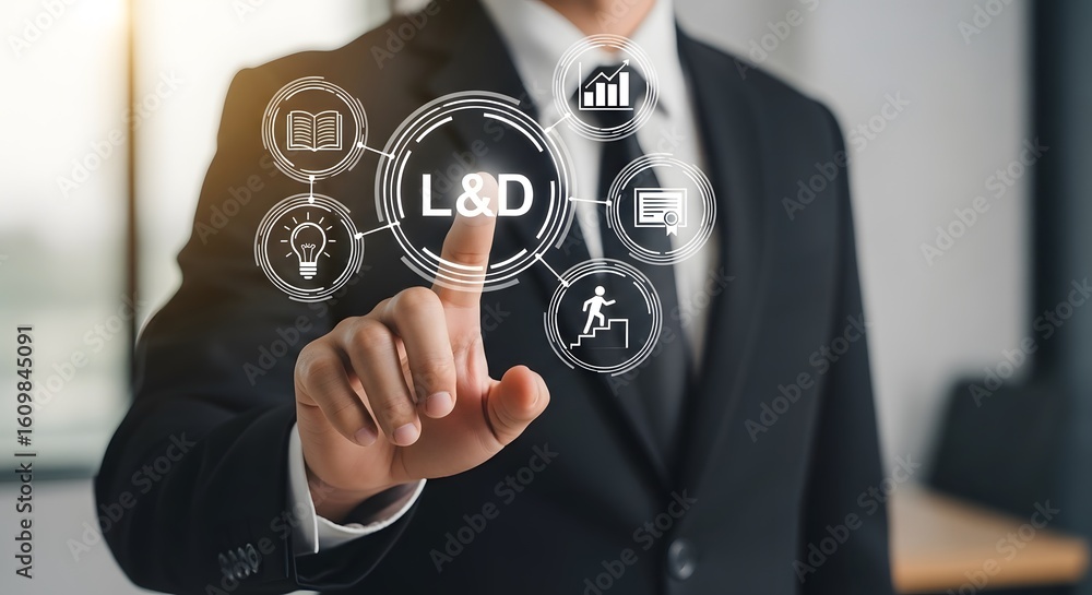 Poster professional businessman engages with digital interface showcasing learning and development concepts