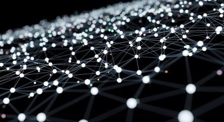 Stunning abstract network of glowing nodes and lines creates a dynamic, interconnected digital web suggesting technology, data, and global connection.