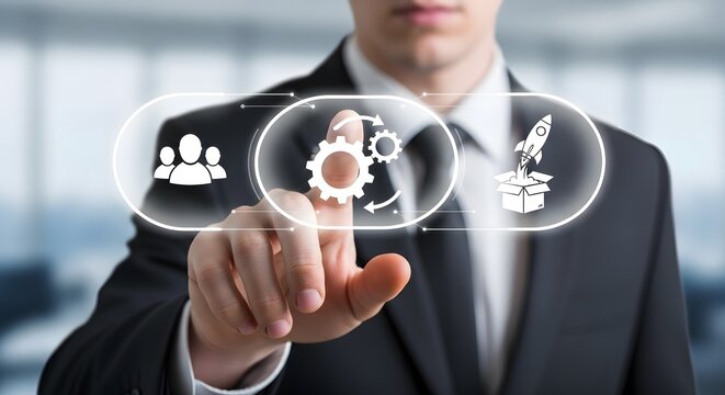 Ambitious entrepreneur launching startup success by activating growth strategy with innovative digital interface, driving business forward.