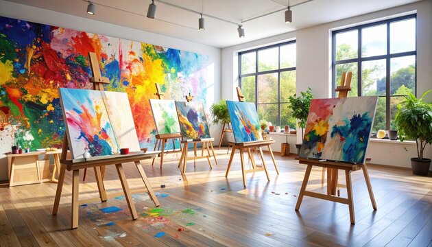 Bright art studio with colorful abstract paintings and paint splattered wooden floor