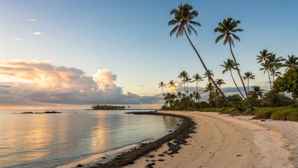 Fototapeta premium Serene Tropical Beach Sunrise | Palm Trees & Calm Ocean View