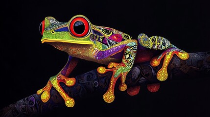 Vibrant and detailed photo of an exotic colorful tree frog sitting on a dark branch with unique patterned design