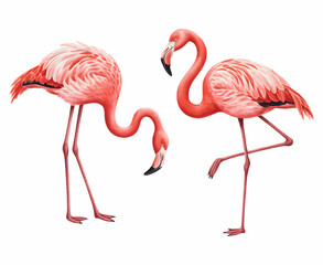 Watercolor flamingos in natural poses. Watercolor pink flamingoe victor illustration.