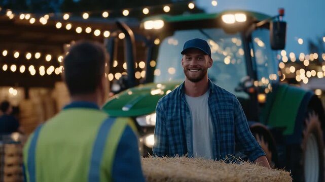Eco-friendly trucks deliver fresh organic produce at a farmer's market, creating a vibrant evening scene with string lights and cheerful workers.